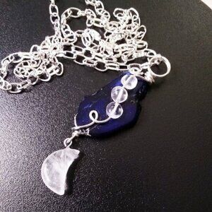 Dark Blue Sea Sediment Jasper & Quartz Drops + Quartz Moon Goddess Necklace